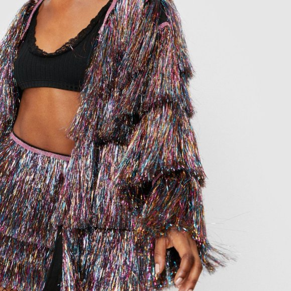 NWT Nasty Gal Metallic Tiered Tinsel Fringe Open Front Jacket - Picture 4 of 11